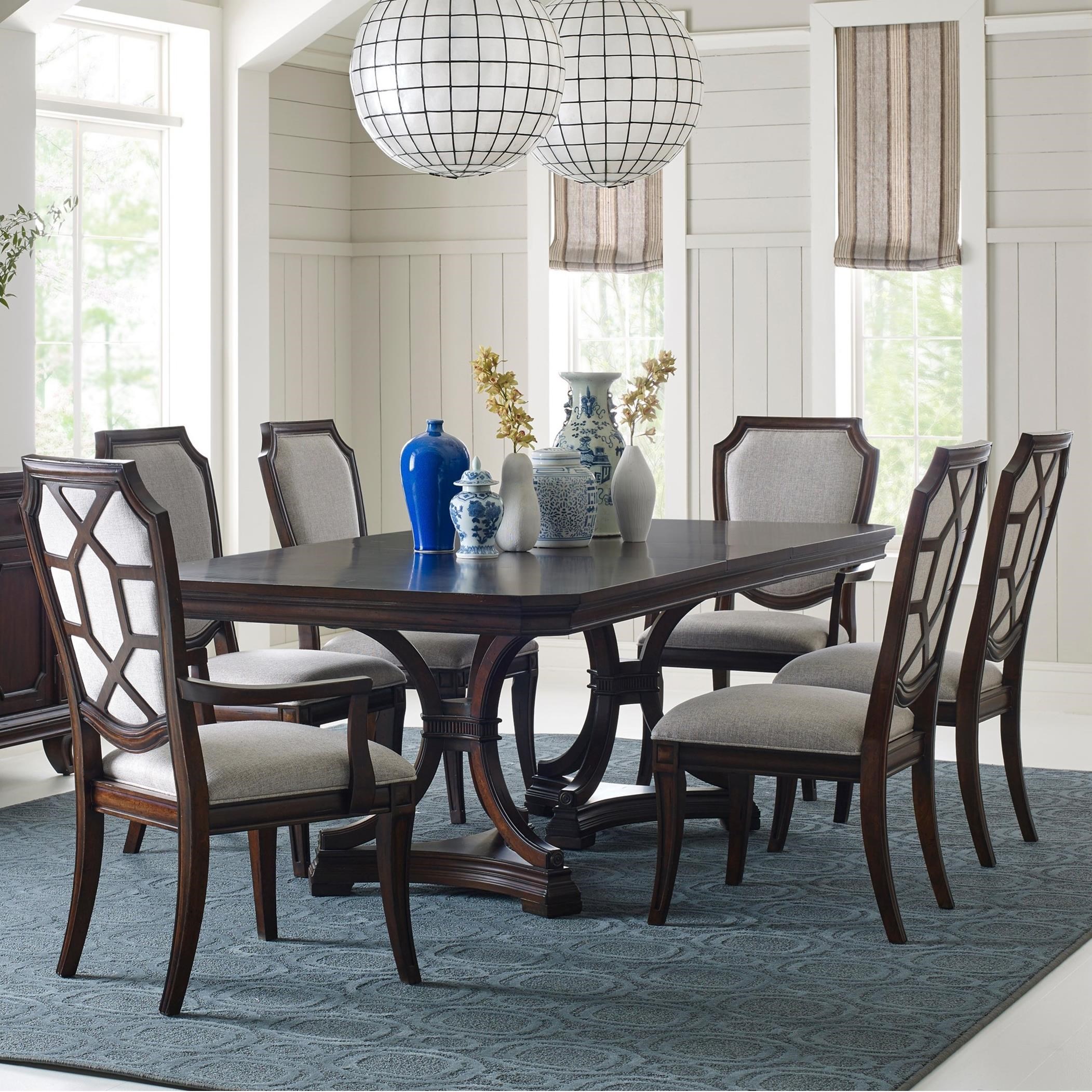 Broyhill Furniture New Charleston Traditional 7 Piece Pedestal Table and Upholstered Chair Set